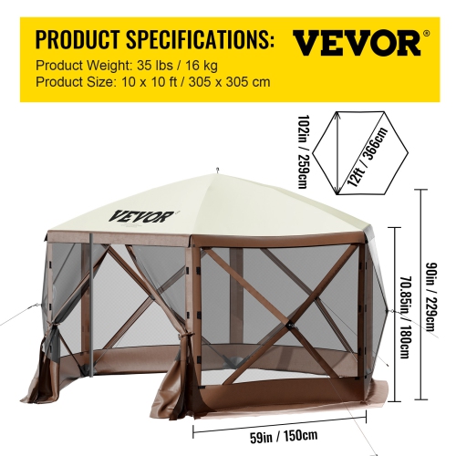 VEVOR Gazebo Screen Tent, 10 x 10 ft, 6 Sided Pop-up Camping Canopy Shelter Tent with Mesh Windows, Portable Carry Bag, Ground Stakes