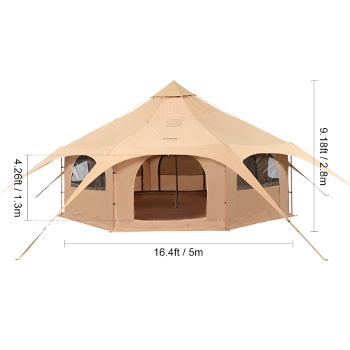 VEVOR Canvas Tent, 4 Seasons 5 m/16.4 ft Bell Tent, Canvas Tent for Camping with Stove Jack, Breathable Yurt Tent for up to 8 People