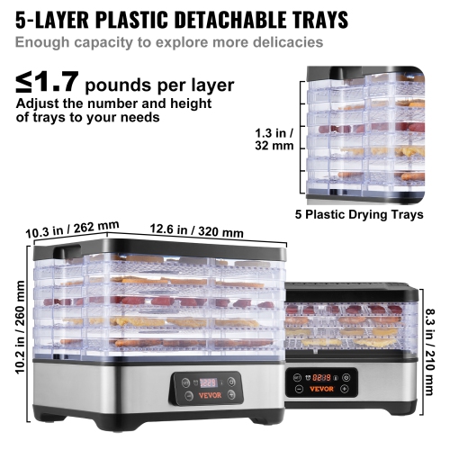 VEVOR Food Dehydrator Machine, 5-Tray Fruit Dehydrator, 300W Electric Food Dryer w/ Digital Adjustable Timer & Temperature for Jerky, Herb, Meat,