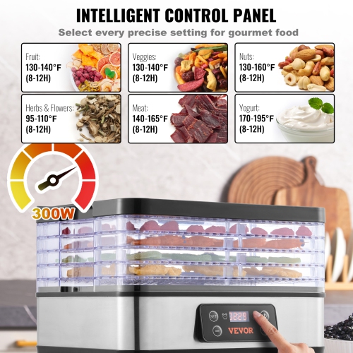 VEVOR Food Dehydrator Machine, 5-Tray Fruit Dehydrator, 300W Electric Food Dryer w/ Digital Adjustable Timer & Temperature for Jerky, Herb, Meat,