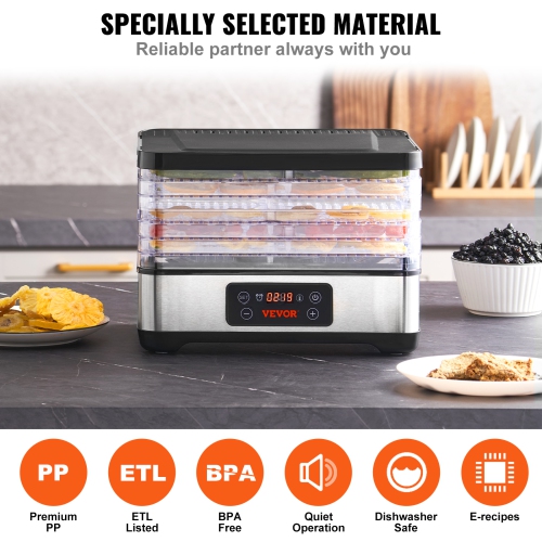 VEVOR Food Dehydrator Machine, 5-Tray Fruit Dehydrator, 300W Electric Food Dryer w/ Digital Adjustable Timer & Temperature for Jerky, Herb, Meat,