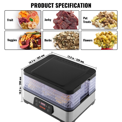 VEVOR Food Dehydrator Machine, 5-Tray Fruit Dehydrator, 300W Electric Food Dryer w/ Digital Adjustable Timer & Temperature for Jerky, Herb, Meat,