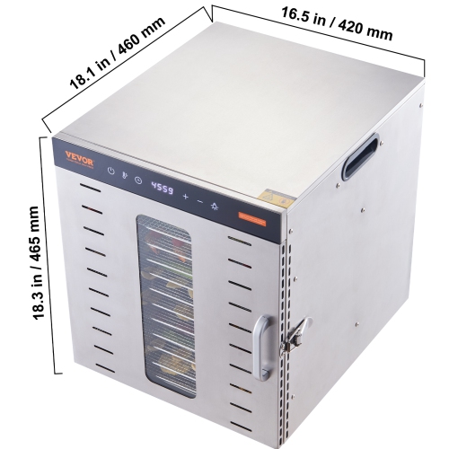 VEVOR Food Dehydrator Machine, 10 Stainless Steel Trays, 1000W Electric Food Dryer with Digital Adjustable Timer & Temperature for Jerky, Herb, Meat,