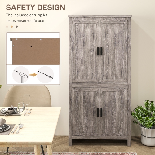 HOMCOM 64" Tall Kitchen Pantry Cabinet, Kitchen Pantry Storage Cabinet with 4 Doors and 3 Adjustable Shelves, Charcoal Grey