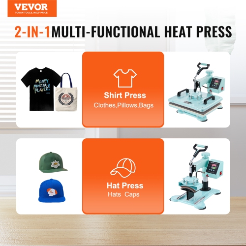 VEVOR Heat Press Machine, 12 x 15 inch, 2 in 1 Heat Transfer Machine with Hat Press, 360° Swing Away T-Shirt Pressing Machine, Digital Precise