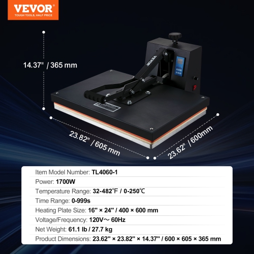 VEVOR Heat Press 16x24, 1700W Power Heat Press Machine, Fast Heating, High Pressure Heat Press Machine for T-Shirt, Digital Industrial Sublimation