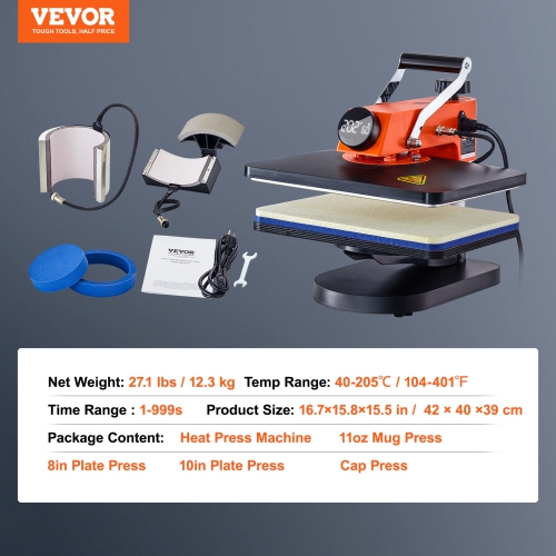 VEVOR 5-in-1 Heat Press Machine, 12" x 15" Fast Heating, 360 Swing Away Digital Sublimation Transfer, T-Shirt Vinyl Transfer Printer for Banners