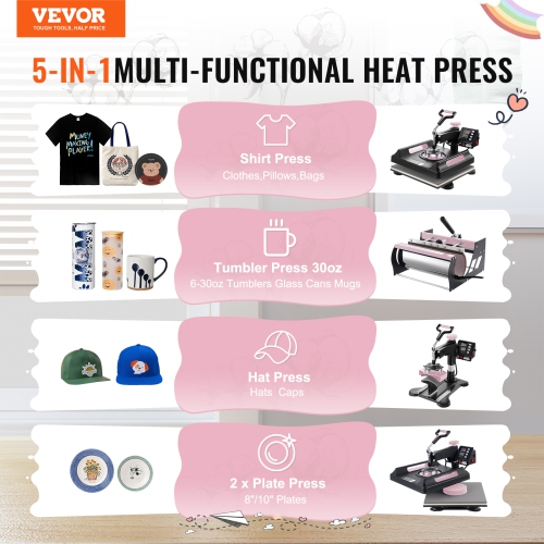 VEVOR Heat Press Machine, 15 x 15 inch, 5 in 1 Heat Transfer Machine with 30 oz Tumbler Press, 360° Swing Away Digital T-Shirt Pressing Machine,