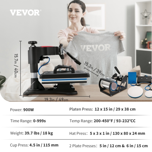VEVOR Heat Press, 5 in 1 Heat Press 12x15 Machine Machine, Digital Precise Temperature Control, Clamshell Sublimation Transfer Printer Fast Heat-up,