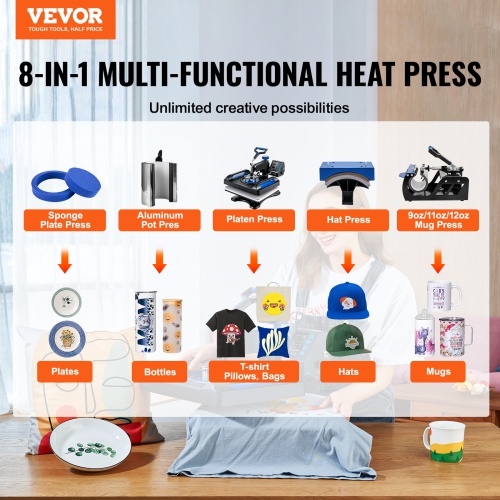 VEVOR Heat Press Machine 12 x 15 Inch 8 in 1 Heat Press Sublimation Machine 360° Rotation Swing Away 8 in 1 Shirt Printing Machine Dual-Tube Heating
