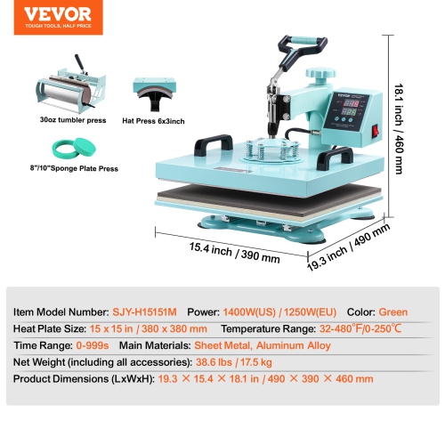 VEVOR Heat Press Machine, 15 x 15 inch, 5 in 1 Heat Transfer Machine with 30 oz Tumbler Press, 360° Swing Away T-Shirt Pressing, Digital Precise