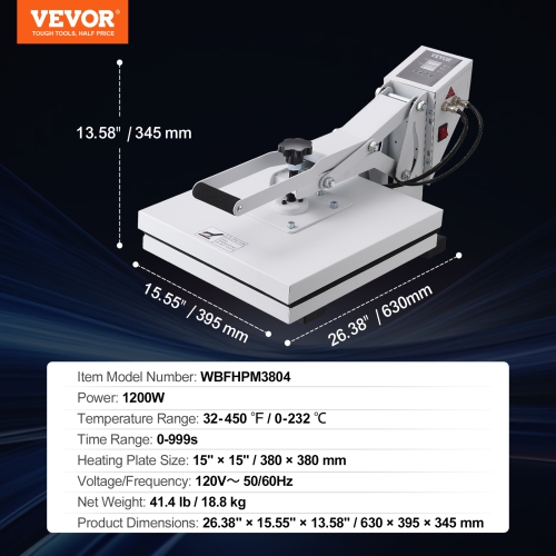 VEVOR Heat Press, Heat Press Machine for T-Shirt, Fast Heating, Power Digital Industrial Sublimation Printer for Heat Transfer Vinyl, High Pressure