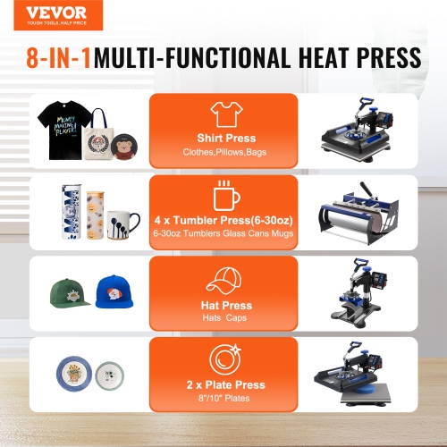 VEVOR Heat Press Machine, 15 x 15 inch, 8 in 1 Heat Transfer Machine with 30 oz Tumbler Press, 360° Swing Away Digital T-Shirt Pressing, Teflon