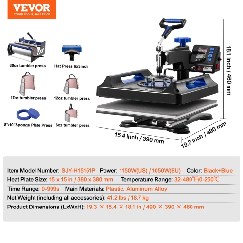 VEVOR Heat Press Machine, 15 x 15 inch, 8 in 1 Heat Transfer Machine with 30 oz Tumbler Press, 360° Swing Away Digital T-Shirt Pressing, Teflon