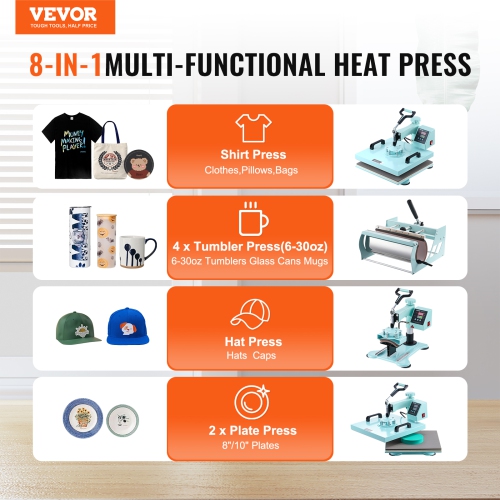 VEVOR Heat Press Machine, 15 x 15 inch, 8 in 1 Heat Transfer Machine with 6-30 oz Tumbler Press, 360° Swing Away T-Shirt Pressing, Digital Precise