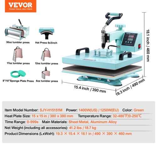 VEVOR Heat Press Machine, 15 x 15 inch, 8 in 1 Heat Transfer Machine with 6-30 oz Tumbler Press, 360° Swing Away T-Shirt Pressing, Digital Precise