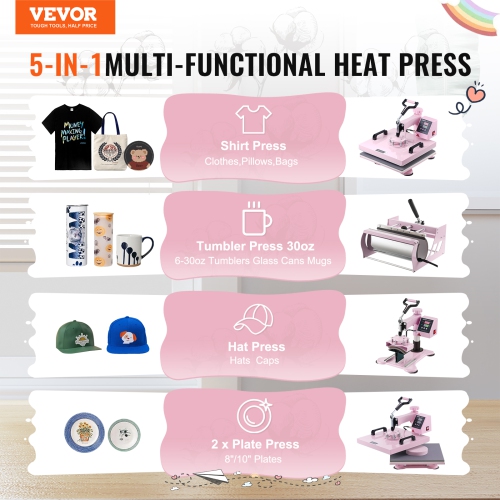 VEVOR Heat Press Machine, 15 x 15 inch, 5 in 1 Heat Transfer Machine with 30 oz Tumbler Press, 360° Swing Away T-Shirt Pressing, Digital Precise