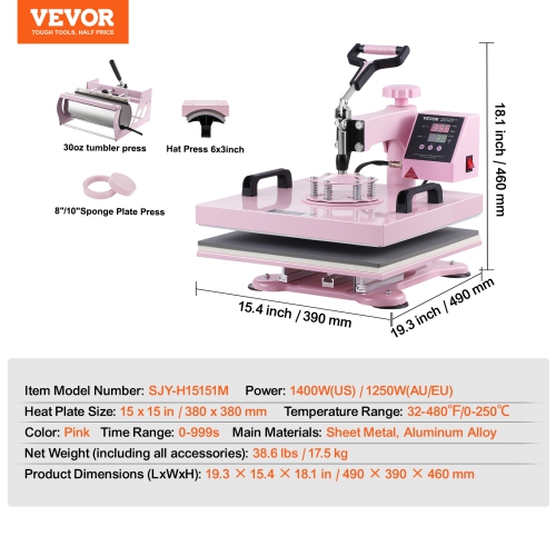 VEVOR Heat Press Machine, 15 x 15 inch, 5 in 1 Heat Transfer Machine with 30 oz Tumbler Press, 360° Swing Away T-Shirt Pressing, Digital Precise