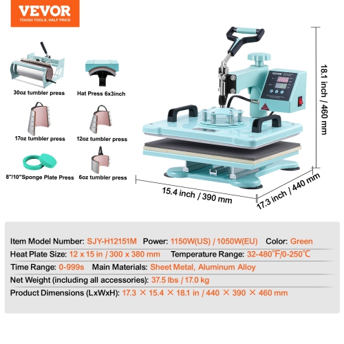VEVOR Heat Press Machine, 12 x 15 inch, 8 in 1 Heat Transfer Machine with 6-30 oz Tumbler Press, 360° Swing Away T-Shirt Pressing, Digital Precise