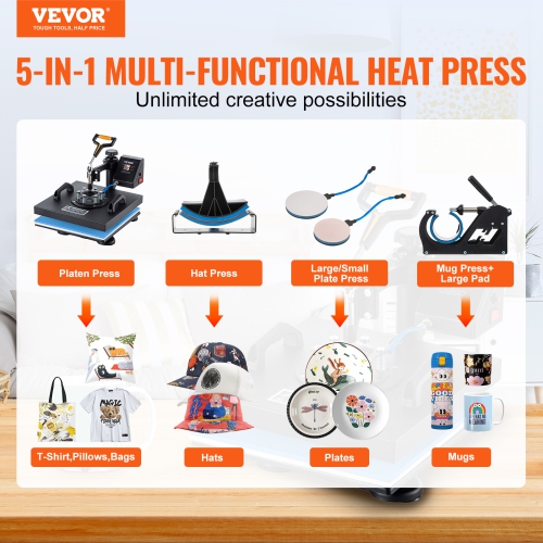 VEVOR Heat Press, 5 in 1 15 x 15 Inch Heat Press Machine, Dual LED Display Heat Press Machine, Multifunctional Sublimation, for T-Shirts, Swing Away