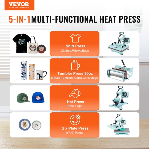 VEVOR Heat Press Machine, 12 x 15 inch, 5 in 1 Heat Transfer Machine with 30 oz Tumbler Press, 360° Swing Away T-Shirt Pressing, Digital Precise