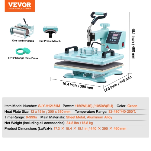 VEVOR Heat Press Machine, 12 x 15 inch, 5 in 1 Heat Transfer Machine with 30 oz Tumbler Press, 360° Swing Away T-Shirt Pressing, Digital Precise
