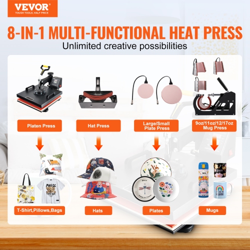 VEVOR 8 in 1 Heat Press Machine 15x15 Inch T-Shirt Pressing Machine 360° Swing Away Professional Sublimation Heat Press for Sublimation, Vinyl, Heat