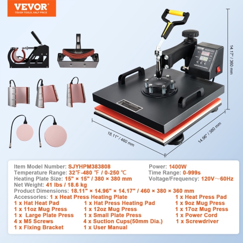 VEVOR 8 in 1 Heat Press Machine 15x15 Inch T-Shirt Pressing Machine 360° Swing Away Professional Sublimation Heat Press for Sublimation, Vinyl, Heat