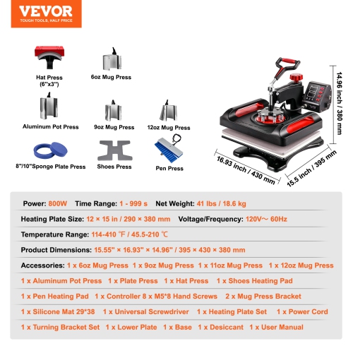 VEVOR 11 in 1 Heat Press, 12 x 15 Inch, Multifunctional Clamshell Printer, Digital Dual-Tube Heat Press Transfer Machine, Swing Away Sublimation