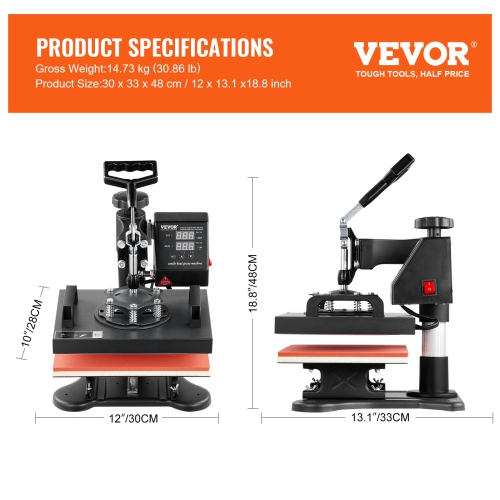 VEVOR Heat Press, 12x10Inch T-Shirt Press Machine, T-shirt Press Heat Press 30x23cm Printing Machine Heat Transfer Sublimation Machine for T-shirts