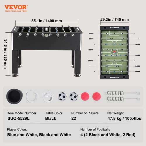 VEVOR 55 inch Foosball Table, Standard Size Foosball Table, Indoor Full Size Foosball Table, Soccer with Foosball Table Set, Includes 4 Balls and 4