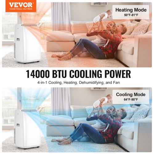 VEVOR 14,000 BTU Portable Air Conditioners, 4-in-1 Portable Unit with Remote Control, for 550-700 Sq.Ft, White