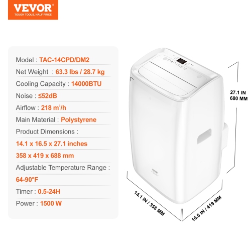 VEVOR 14,000 BTU Portable Air Conditioners, 3-in-1 Portable AC Unit with Remote Control, for 550-700 Sq.Ft, White