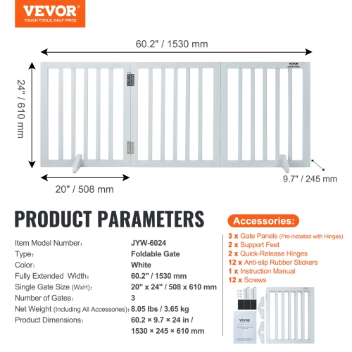 VEVOR Free Standing Dog Gate, 24" H x 60" W Freestanding Pet Gate, 3 Panels Foldable Dog Gate for Wide and Narrow Passageways, Expandable Dog Barrier