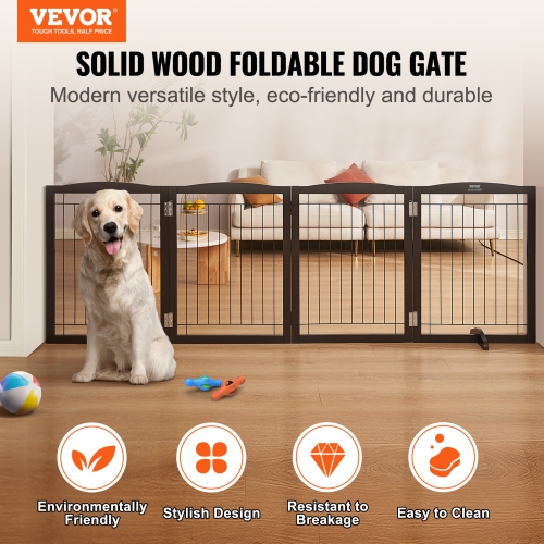 VEVOR Free Standing Dog Gate, 32" H x 96.5" W Freestanding Pet Gate, 4 Panels Foldable Dog Gate for Wide and Narrow Passageways, Expandable Dog