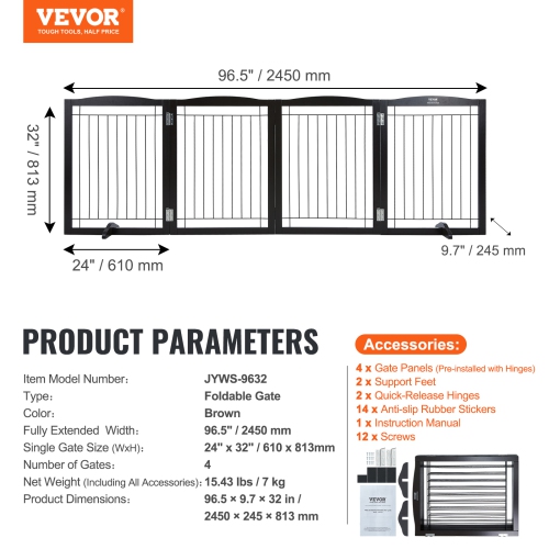 VEVOR Free Standing Dog Gate, 32" H x 96.5" W Freestanding Pet Gate, 4 Panels Foldable Dog Gate for Wide and Narrow Passageways, Expandable Dog