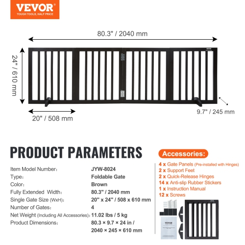 VEVOR Indoor Pet Barrier, 24" Height x 80.3" Width, 4-Panel Folding Gate for Pets, Adjustable and Versatile Dog Fence for Both Wide and Slim