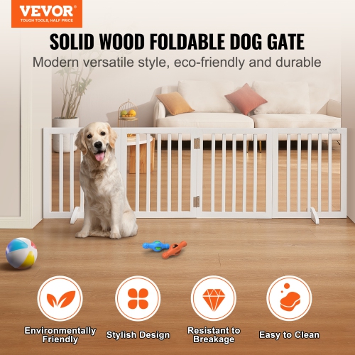 VEVOR Freestanding Pet Barrier, 24" Height x 80.3" Width, 4-Panel Folding Dog Gate for Various Openings, Expandable and Quiet Foot-Supported Indoor