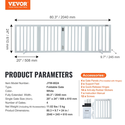 VEVOR Freestanding Pet Barrier, 24" Height x 80.3" Width, 4-Panel Folding Dog Gate for Various Openings, Expandable and Quiet Foot-Supported Indoor