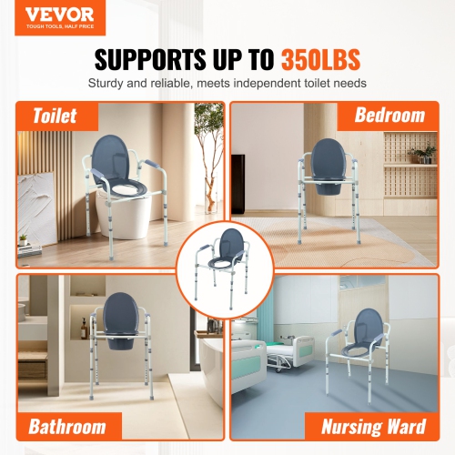 VEVOR 7-Level Adjustable Height Commode Chair, Bedside Commode with Wider Toilet Seat, 5.8L Removable Bucket, Easy to Assemble, 350 LBS Capacity,