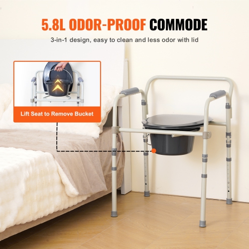 VEVOR 7-Level Adjustable Height Commode Chair, Bedside Commode with Wider Toilet Seat, 5.8L Removable Bucket, Easy to Assemble, 350 LBS Capacity,