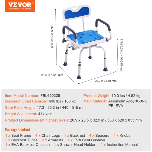 VEVOR Swivel Shower Chair 360 Degree, Adjustable Shower Seat with Pivoting Arms for Inside Showers or Tubs, Non-Slip Rotating Bathtub Shower Chair
