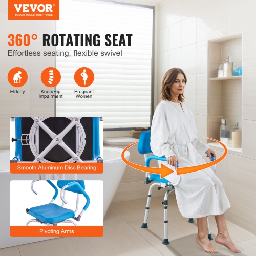 VEVOR Swivel Shower Chair 360 Degree, Adjustable Shower Seat with Pivoting Arms & Padded Bath Seat for Inside Shower or Tub,300LBS Capacity