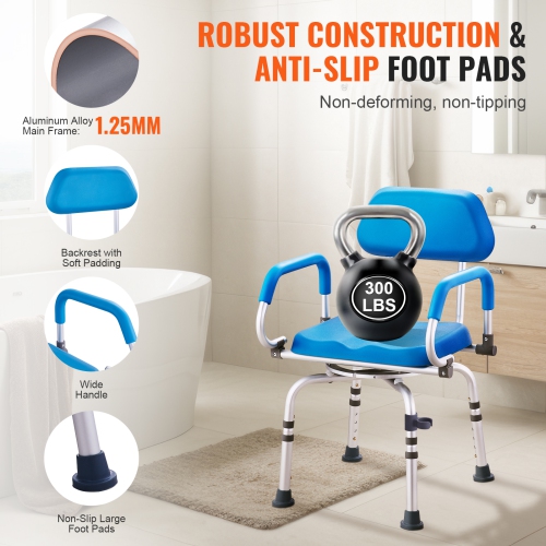 VEVOR Swivel Shower Chair 360 Degree, Adjustable Shower Seat with Pivoting Arms & Padded Bath Seat for Inside Shower or Tub,300LBS Capacity