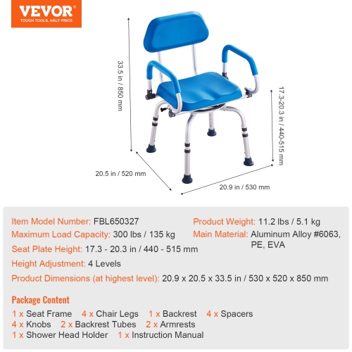 VEVOR Swivel Shower Chair 360 Degree, Adjustable Shower Seat with Pivoting Arms & Padded Bath Seat for Inside Shower or Tub,300LBS Capacity