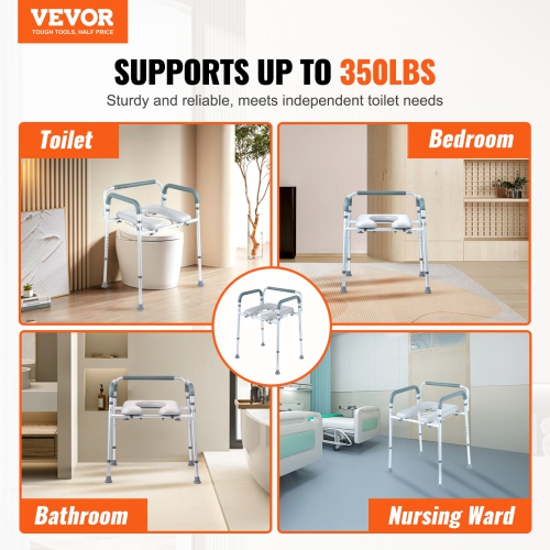 VEVOR Commode Chair, Bedside Commode with Padded Seat and Arms, 7-Level Adjustable Height, 5.8L Removable Bucket, Easy to Assemble, 350 LBS Capacity