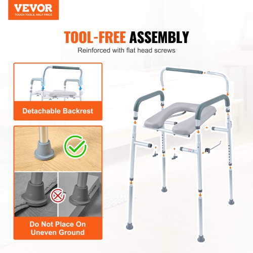 VEVOR Commode Chair, Bedside Commode with Padded Seat and Arms, 7-Level Adjustable Height, 5.8L Removable Bucket, Easy to Assemble, 350 LBS Capacity