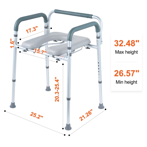 VEVOR Commode Chair, Bedside Commode with Padded Seat and Arms, 7-Level Adjustable Height, 5.8L Removable Bucket, Easy to Assemble, 350 LBS Capacity