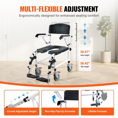 VEVOR 3-Level Adjustable Height Shower Commode Wheelchair with 4 Lockable Wheels, Footrests, Flip-up Arms, 5L Removable Bucket, 350 LBS Capacity,