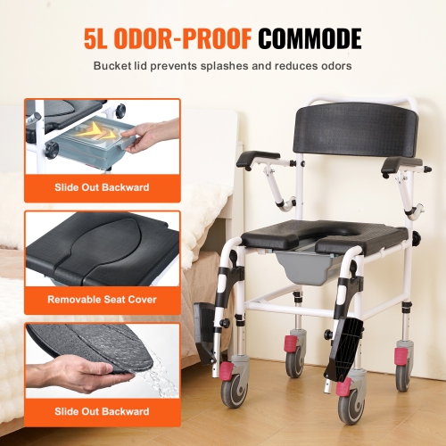 VEVOR 3-Level Adjustable Height Shower Commode Wheelchair with 4 Lockable Wheels, Footrests, Flip-up Arms, 5L Removable Bucket, 350 LBS Capacity,